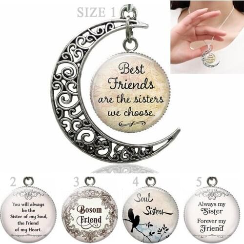 Best Friends Friendship Crescent Moon Necklace Glass Cabochon Jewelry Pendants Handmade Fashion Always My Sister Women Gift