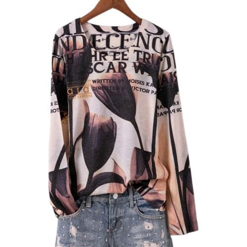 Fashion tulip printed t shirt women o-neck long sleeve graphic tees basic slim tee shirt femme 4XL 5XL 2020 spring and autumn