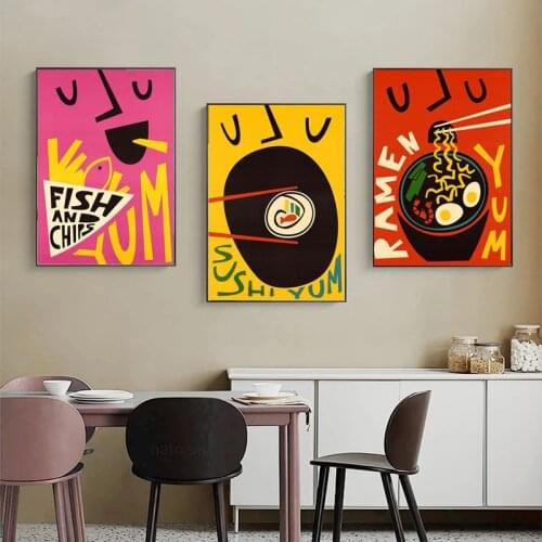 Cartoon Funny Food Posters Yum Coffee Pizza Ramen Sushi Burger Canvas Painting Club Bar Shop Kitchen Poster Wall Pictures Decor