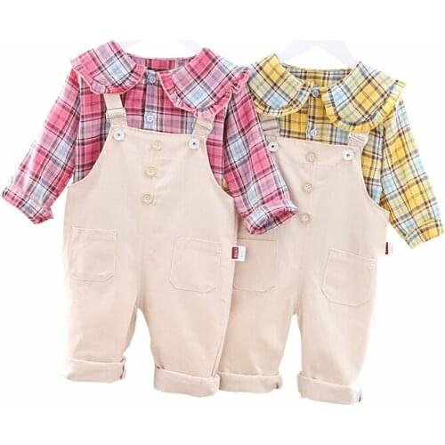 2020 new Spring Baby Girls Cotton Clothing Set Children plaid Shirt Overalls 2Pcs/Set Fashion Kids Sport Clothes Trackusuit set