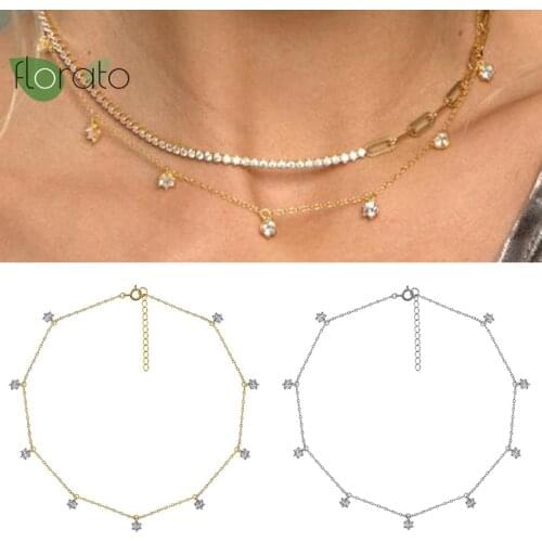 1PC 925 Sterling Silver Necklace Minimalist Geometric Bright Crystal Choker Necklace For Girls Fashion Bohemia Jewelry Gift