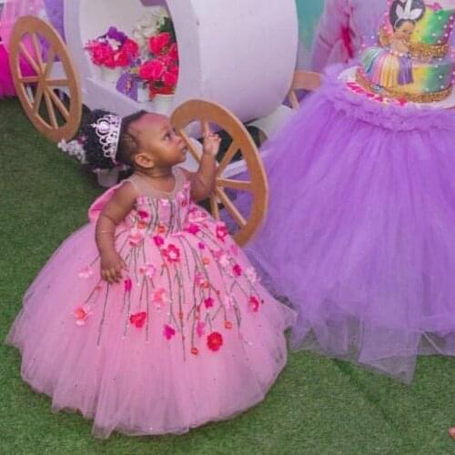 Pink Ball Gown Flower Girls Dresses Beaded 3D Floral Appliques Princess Pageant Gowns Kids Tulle Big Bow Formal Party Dress
