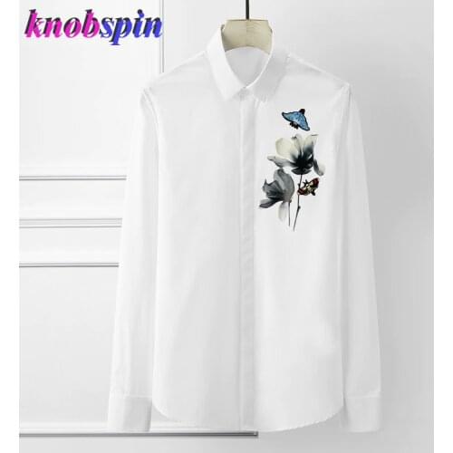 China Style Printed Shirt men Bee Embroidery Long sleeve Solid Slim Business male dress shirts 80% Cotton Brand mens Clothings