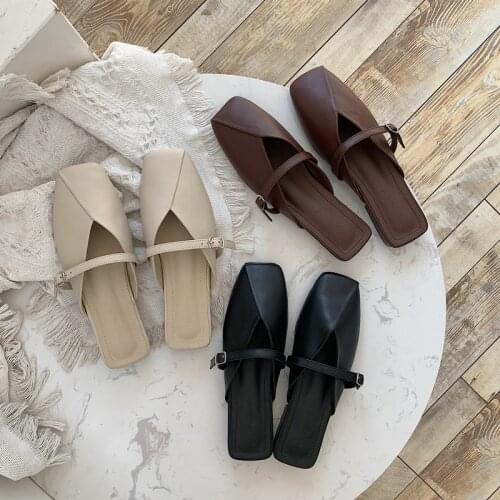 Square toe belt buckle solid shallow slippers low heels brief casual woman shoes comfy korean concise lazy slides zapatos mujer
