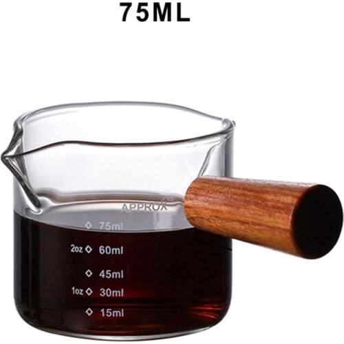 Double Spout Espresso Glass Coffee Measuring Glass Coffee Carafe Cup Coffee Replacement Carafe With Wooden Handle For Milk 75ML