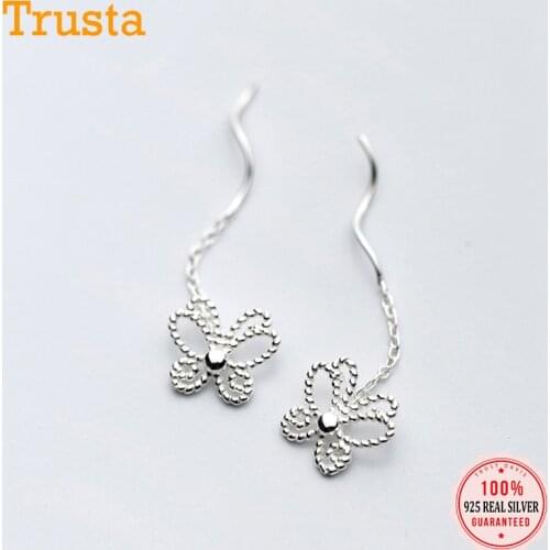 Trusta Fashion 2019 100% 925 Sterling Silver Drop Earrings Little Butterfly 3.5cm Linked Drop Stick Girls Friends Gift DS469