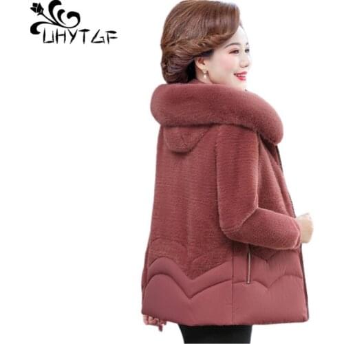 UHYTGF Mink Fleece Autumn Winter Jacket Women Down Cotton Casual Mom Short Outwear Fur Collar Hooded Plus Size Parker Coat 1456