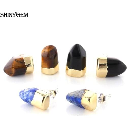 Unique Irregular 7-8mm Natural Crystal Gem Stone Lapis Lazuli / Tiger Eye / Black Agate Gold Plating Stud Earrings For Women