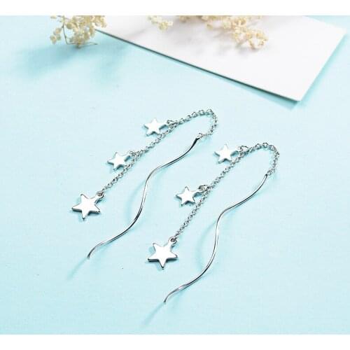 925 Sterling Silver Ear Jewelry For Women Korean Tassel Star Rometantic Design Drop Dangle Long Earrings Fashion Girls Earrings