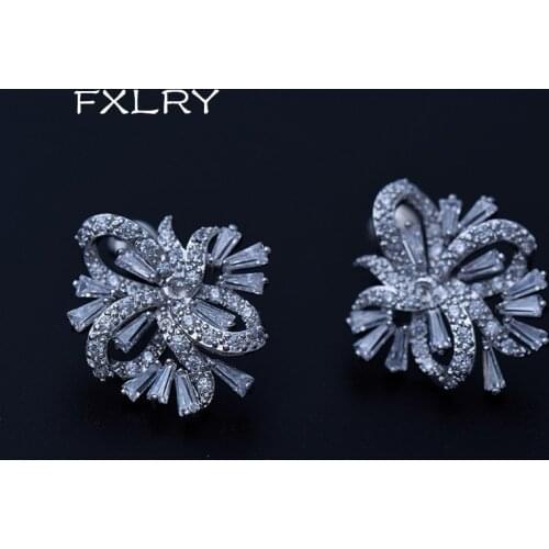 FXLRY New Design Elegant Fashion OL Personality White Color Cubic Zircon Geometry Type Bowknot Earrings For Women Jewelry