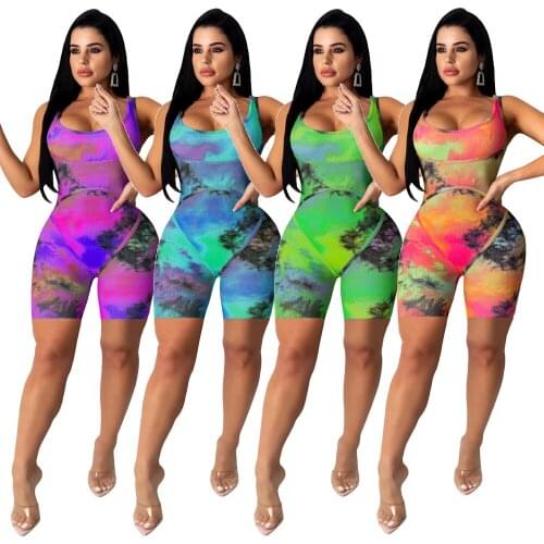 Women Tie Dye Print Ribbed Playsuit Sleeveless Tank Knee Length Shorts Jogger Fitness Sporty Plus Size Outfits 5 Color