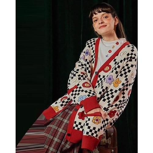 Autumn New Knit 2021 Female Cardigan Loose Casual Streetwear Coat Cute Floral Print V Neck Knitwear Sweaters Jacket Tops Fashion