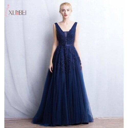 2019 Silver Navy Elegant Tulle Long Prom Dresses Backless Applique Gowns vestido de festa longo