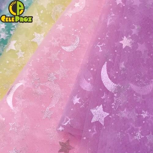 1Meter Iridescent Tulle Fabric Rainbow Color Star and Moon Mesh For DIY Baby Girl Skirt Headband Garment Trimming Acceosrries