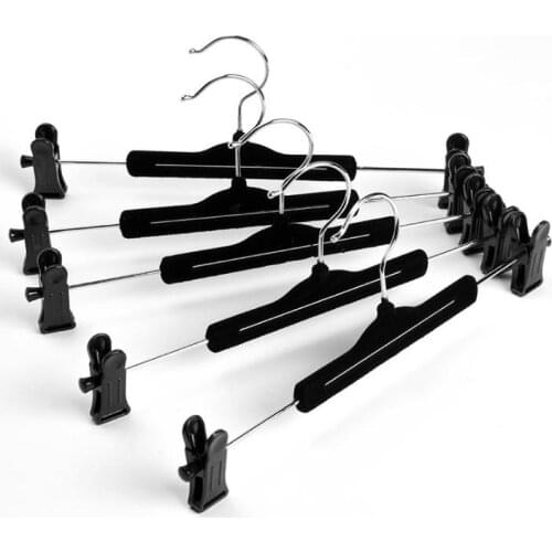 100pcs Hanger link Black Velvet Flocked Hanger with Clips for Pants and Skirt SN1670