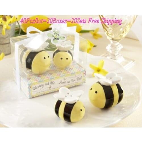 40Pcs/lot=20Boxes Baby birthday Party Favors of Mommy and Me Sweet as Can Bee Ceramic bee Salt and Pepper Shakers Baby souvenirs