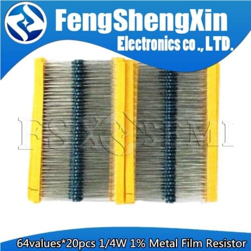 64values x20pcs=1280pcs 1/4w 1% Metal Film Resistors Kit 1R - 10MR Metal Film Resistor