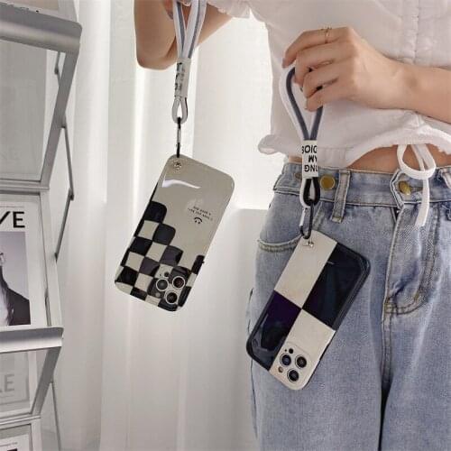 INS Korea Black White Chess Smiley Lattice Phone Case For iPhone 12 Pro Max 11 Xr Xs Max 7 8 Plus SE2020 With Lanyard Cover