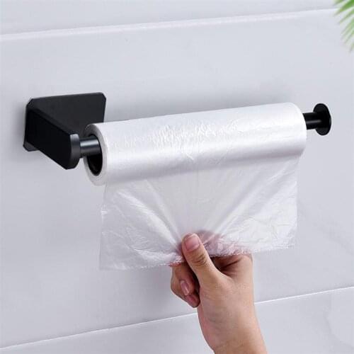 No Holes Roll Paper Holder Stainless Steel Paper Towel Rack for Bathroom Black