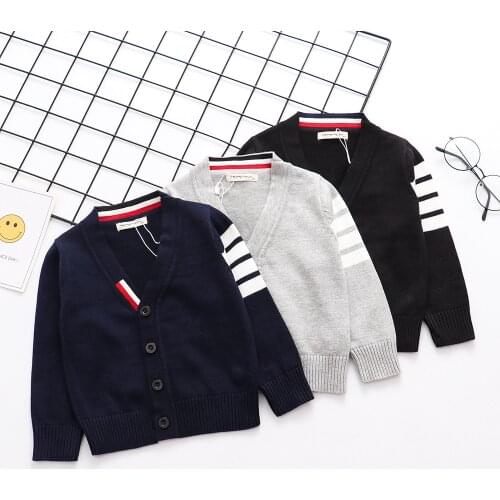 Jumper Autumn And Winter Striped Long-sleeved V-neck Knitted Cotton Sweater Single-breasted Childrens Sweater Baby BoyCardigan