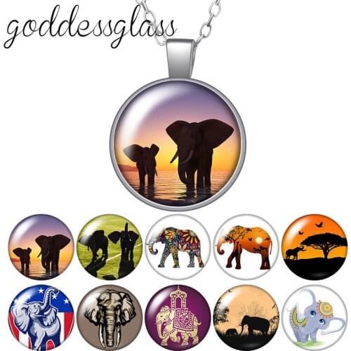 Elephant Love Animals Round Glass glass cabochon silver plated/Crystal pendant necklace jewelry for Gift