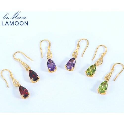 LAMOON 100% Natural Red Garnet Drop Earring For Women Water Drop 925 Sterling Silver Gold Color Jewelry LMEI078