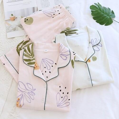 Leaf Printed Womens Pajamas Set Spring Summer Cotton Long Sleeve Nighties Female Homewear Plus Size Casual Sleepwear Two-pieces