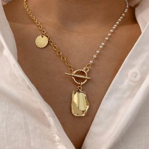 Fashion Asymmetric Gold Pearl Beads Necklace For Women Vintage Irregular Coin Pendant Necklaces 2021 Trend Jewelry