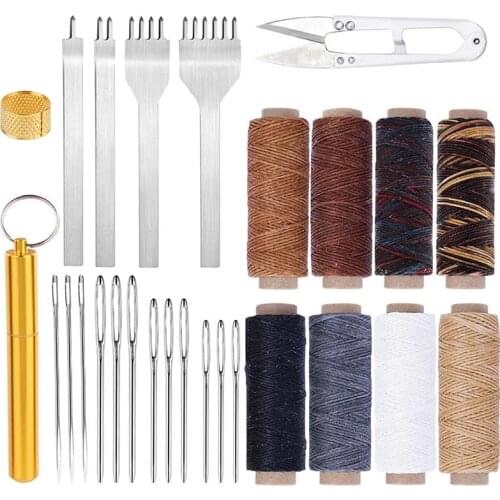 LMDZ Leather Working Kit with Prong Punch, Large-Eye Stitching Needles, Waxed Thread, Leather Sewing Tools for DIY Leather Craft