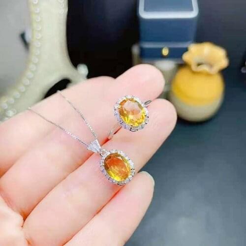 Natural Citrine S925 Sterling Silver Ring Pendant Necklace Set Charming Fine Fashion Jewelry for Women MeibaPJFS