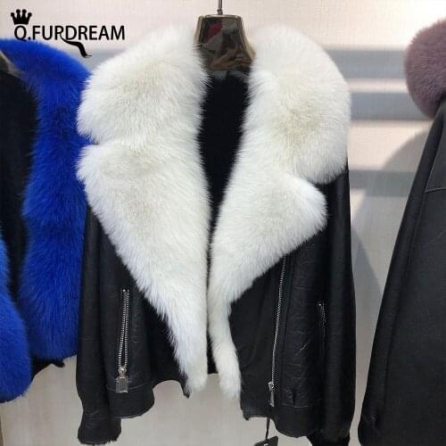 Q.FURDREAM Fashion Leather Jacket With Natural Fox Fur Placket Autumn And Winter Warm Vogue Turn-down Collar Real Fur Coat