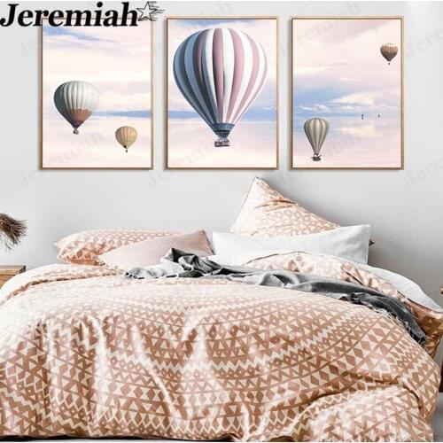 Nordic Landscape Canvas Poster Hot Air Balloon Pink Sky Scandinavian Style Wall Art Painting Home Room Decoration