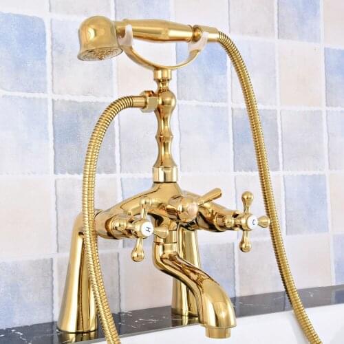 Modern Luxury Golden Brass Deck Mounted Bathroom Tub Faucet Set with 1500MM Handheld Shower Spray Head Bath Mixer Tap 2tf775