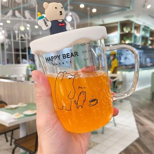 Glass Bear Teacup with Silicone Lid and Scale Cute Cartoon Breakfast Milk Coffee Mug Heat Resistant Transparent Home Water Cup