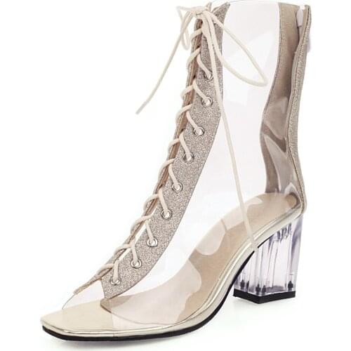 ARQA Womens Clear Sandals PVC Fabric Open Toe Lace Up Block High Heel Shoes Transparent Heels for Women