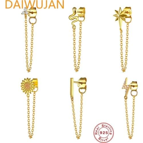 Real 925 Sterling Silver Stud Earrings for Women 1pc Gold Color Lightning/Snake/Sunflower/Stick/Triangle Chain Tassel Earrings