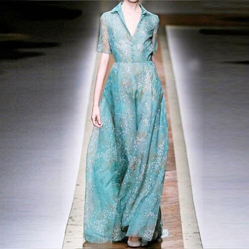 Vintage Blue Floral Printed Pleated Long Dresses for Women 2021 Summer Runway Elegant Short Sleeve Chiffon Maxi Dress Female