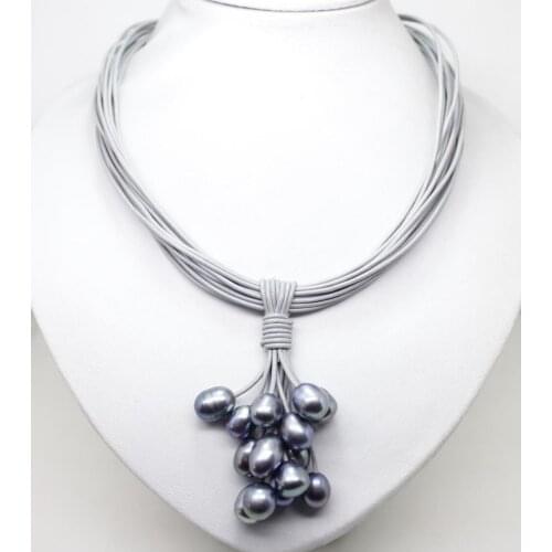 01-12mm Real Black Freshwater Pearl Pendant Necklace Leather Cord Magnet Clasp Fashion Jewelry