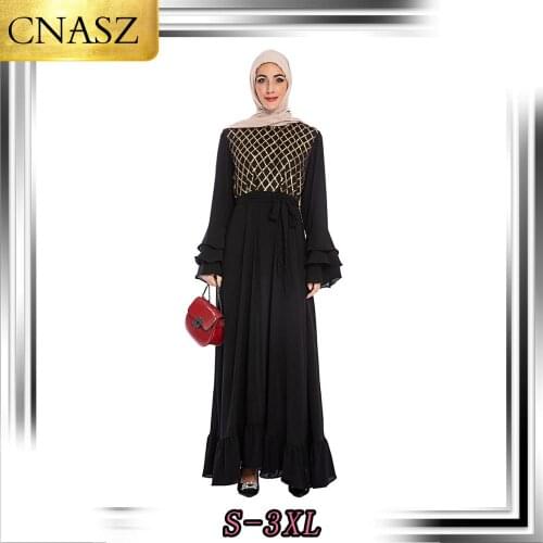 2020 New Fashion Arab Middle East Dubai Womens Islamic Turkey Long Sleeve Sequin Embroidery Chiffon Stitching Tunic Dress