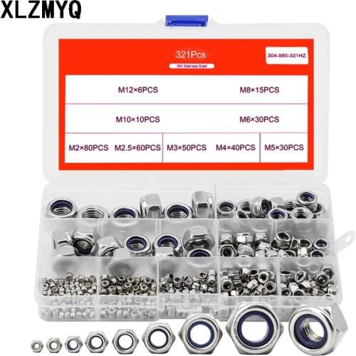 321pcs / DIN985 Nylon Lock Nut 304 Stainless Steel M2 M2.5 M3 M4 M5 M6 M8 M10 M12 Hex Hexagon Self locking Nut Assortment Kit