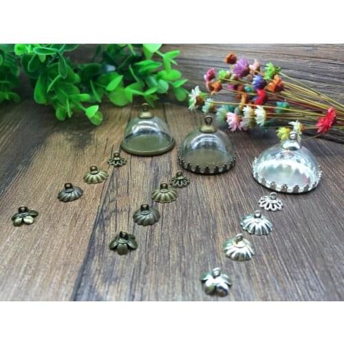 5sets 25mm silver/bronze plated bezels base diy finding crown edge tray with Glass dome cover vial pendants jewelry necklace set