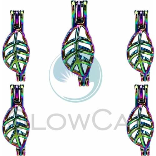 5X Rainbow Pearl Cage Locket Pendants Aromatherapy Leaves Essential Oil Diffuser Locket For DIY Necklace Jewelry