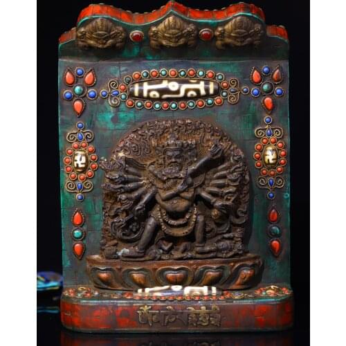 8" Tibet Buddhism Old Bronze Filigree mosaic Gem Dzi Bead Amulet Yab-Yum Buddha Yamantaka statue Enshrine the Buddha