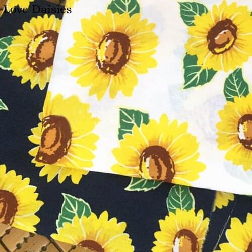 WHITE NAVY Yellow Sunflower FLower Floral 100% Cotton Soft Fabric for Summer Apparel Dress Craft Handwork Decor Bag Tissue