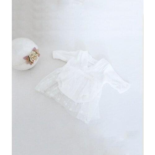White lace princess dress and flower headband newborn props photography lovely handmade baby girl outfits and tieback photo prop
