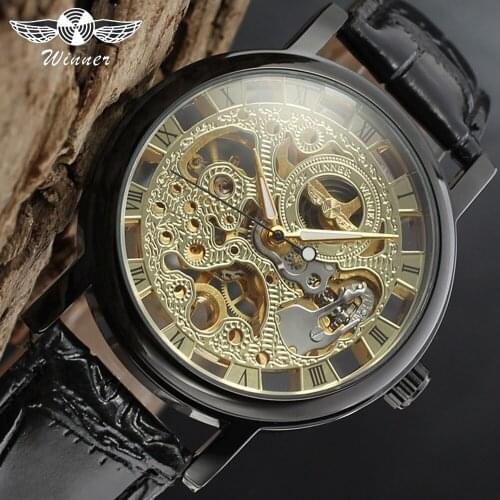 Winner 2019 Relogio Masculino Mechanical Watch Mens Golden Skeleton Transparent Genuine Leather Band Casual Watches Reloj Hombre