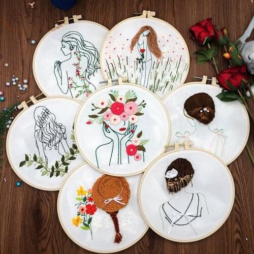 European DIY Mesh Embroidery Kit with Hoop Girl Pattern Cross-stitch Embroidery Needle Fabric Set Needlework Sewing Art Craft