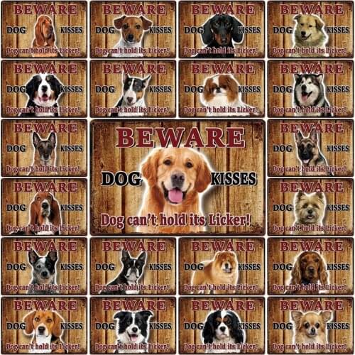 [ Kelly66 ] Beware Dog Kisses Husky Chihuahua Pug Pomeranian Metal Sign Home Decor Bar Wall Art Painting 20*30 CM Size Dy132