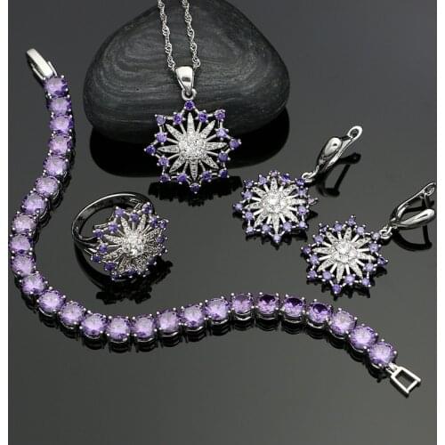 925 Silver Jewelry Sets Purple CZ White Crystal Decoration For Women Wedding bride Earrings Necklace Set