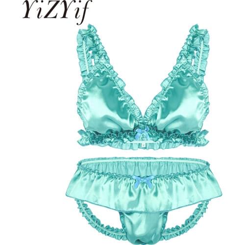 YiZYiF Sexy Men Sissy Underwear Set Soft Satin Panties Elastic Frilly Ruffled Lingerie Set Mens Bra Top with Open Back Briefs